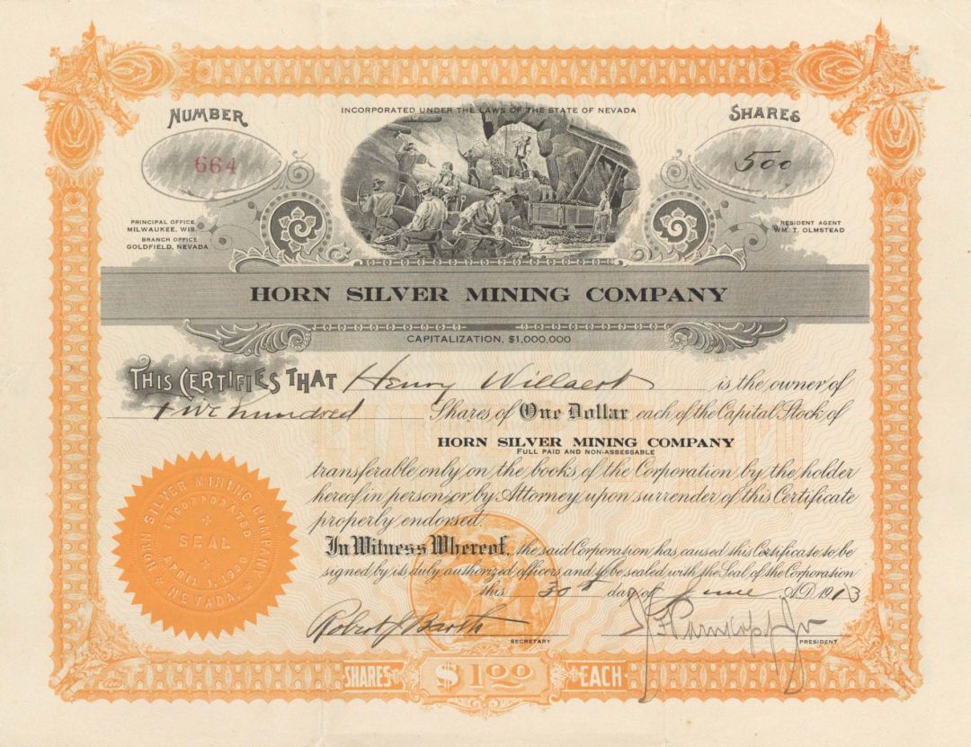 Horn Silver Mining Co. - 1913 dated Stock Certificate