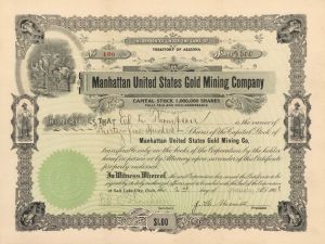 Manhattan United States Gold Mining Co. - 1908 dated Stock Certificate