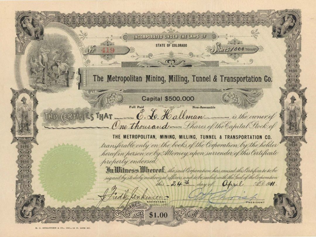 Metropolitan Mining, Milling, Tunnel and Transportation Co. - 1911 dated Stock Certificate