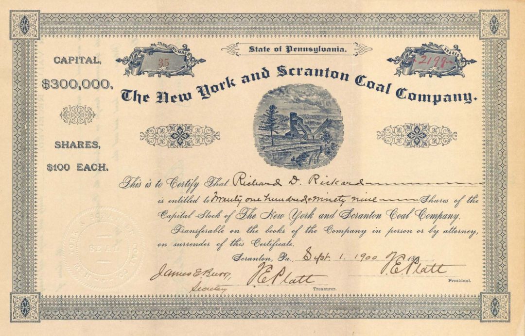 New York and Scranton Coal Co. - 1900 dated Stock Certificate