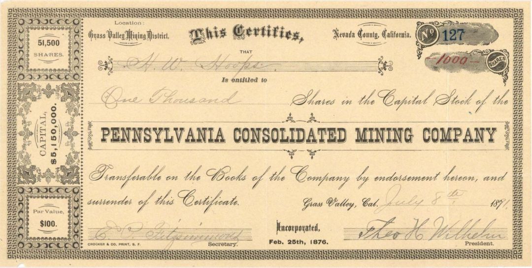 Pennsylvania Consolidated Mining Co. - 1891 dated Stock Certificate