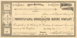 Pennsylvania Consolidated Mining Co. - 1891 dated Stock Certificate