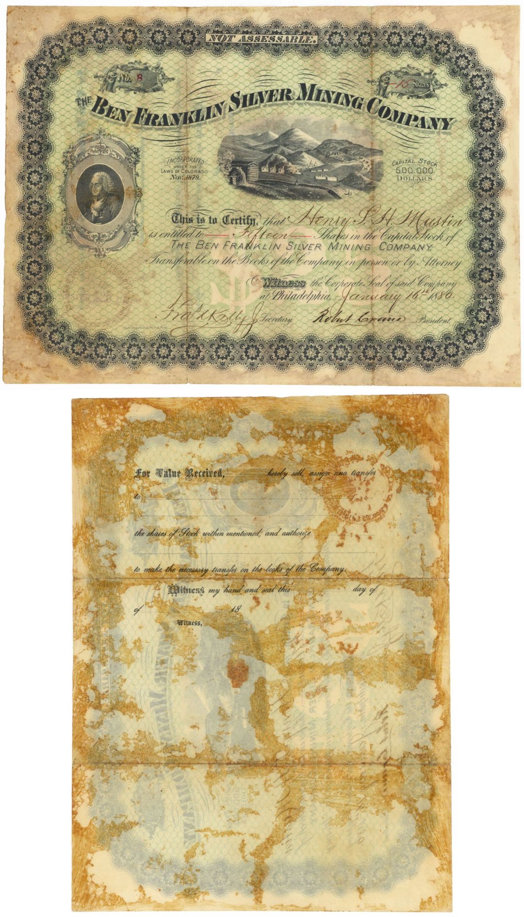 Ben Franklin Silver Mining Co. - 1880 dated Colorado Mining Stock Certificate