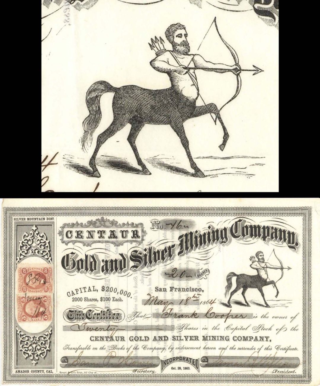 Centaur Gold and Silver Mining Co. - 1864 dated Stock Certificate
