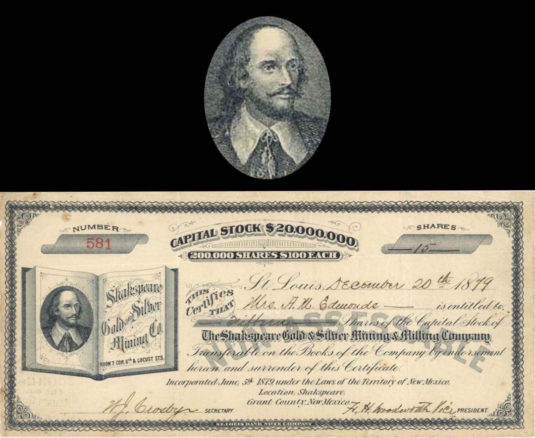 Shakspeare Gold and Silver Mining and Milling Co. - 1879 dated Stock Certificate