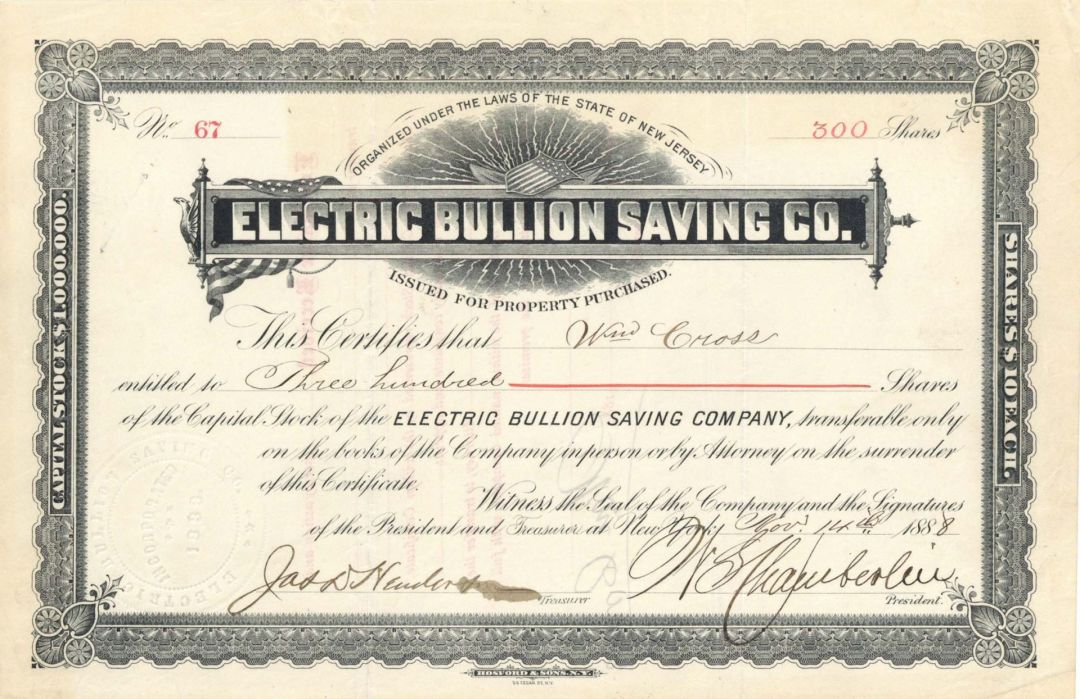 Electric Bullion Saving Co. - 1888 dated Mining Stock Certificate