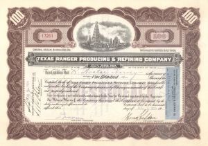 Texas Ranger Producing and Refining Co. - 1920 dated Mining Stock Certificate