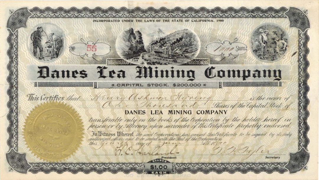Danes Lea Mining Co. - 1900 and 1907 dated Stock Certificate