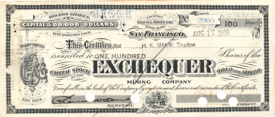 Exchequer Mining Co. - 1909 dated Stock Certificate