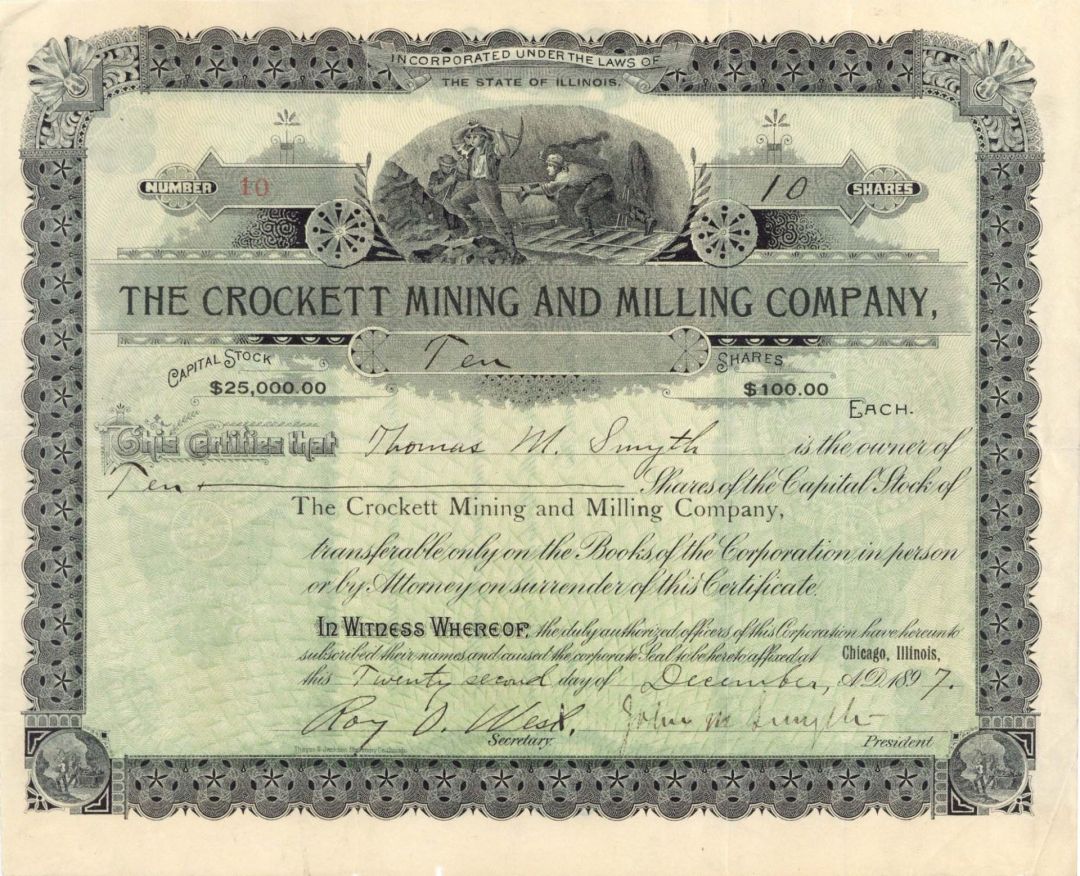 Crockett Mining and Milling Co.  - 1897 dated Stock Certificate