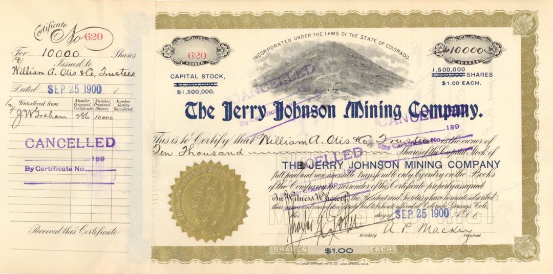 Jerry Johnson Mining Co.  - 1900-1902 dated Stock Certificate