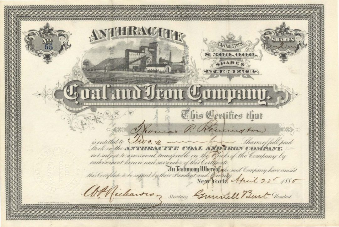 Anthracite Coal and Iron Co.  - 1880 dated Stock Certificate