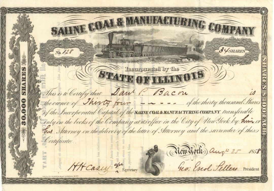 Saline Coal and Manufacturing Co.  - 1858 dated Stock Certificate