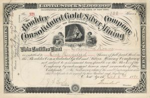 Boulder Consolidated Gold and Silver Mining Co.  - 1880 dated Stock Certificate