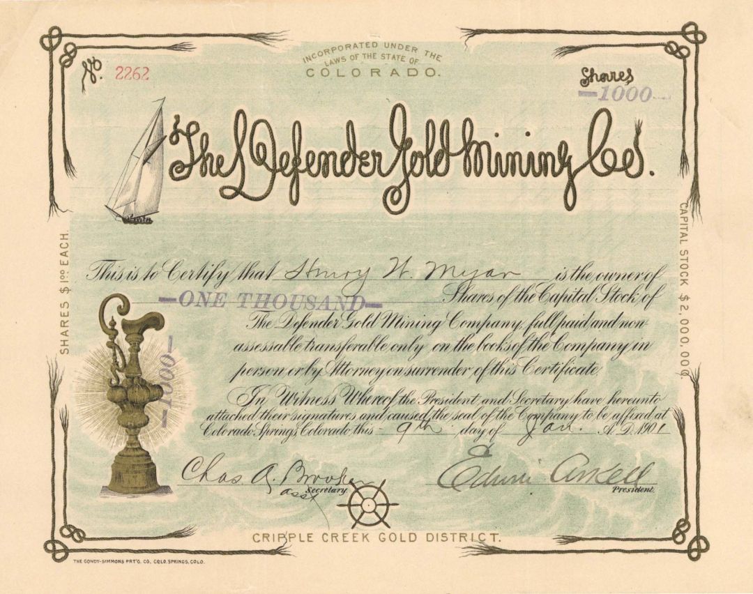 Defender Gold Mining Co. - 1901 dated Stock Certificate