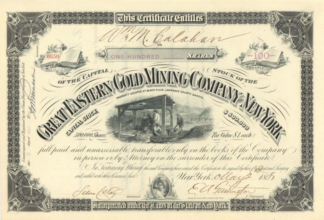 Great Eastern Gold Mining Company of New York - 1881 dated Stock Certificate