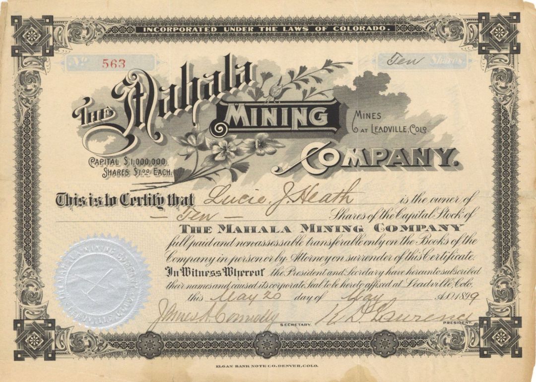 Mahala Mining Co. - 1899 dated Stock Certificate