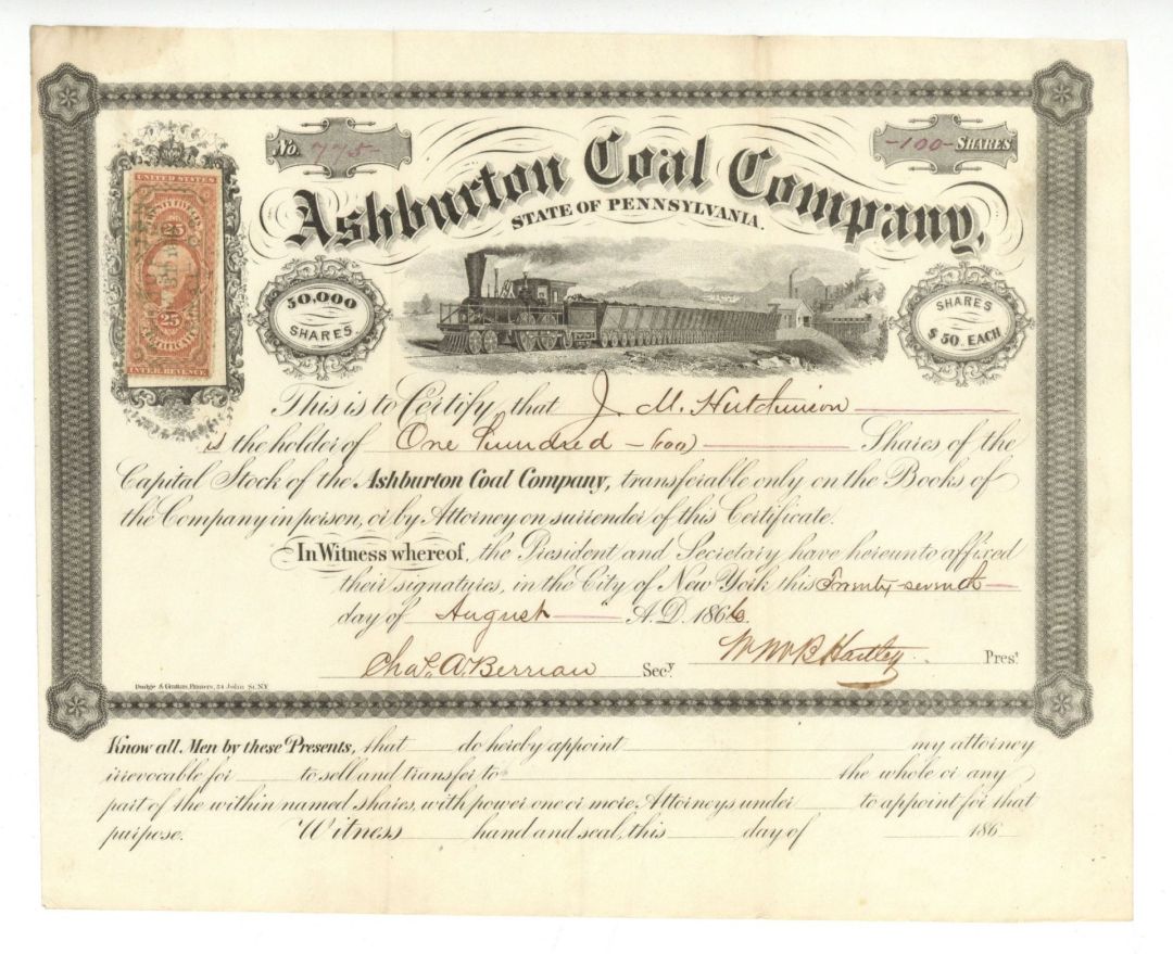 Ashburton Coal Co. - 1866 dated Stock Certificate