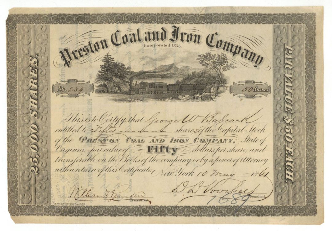 Preston Coal and Iron Co. - 1861 dated Stock Certificate