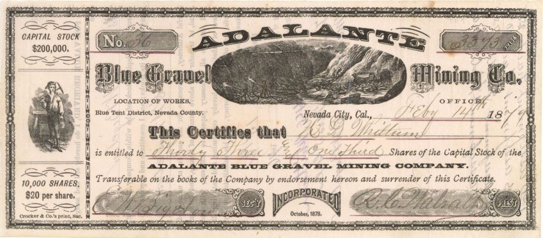 Adalante Blue Gravel Mining Co. - 1879  dated Stock Certificate