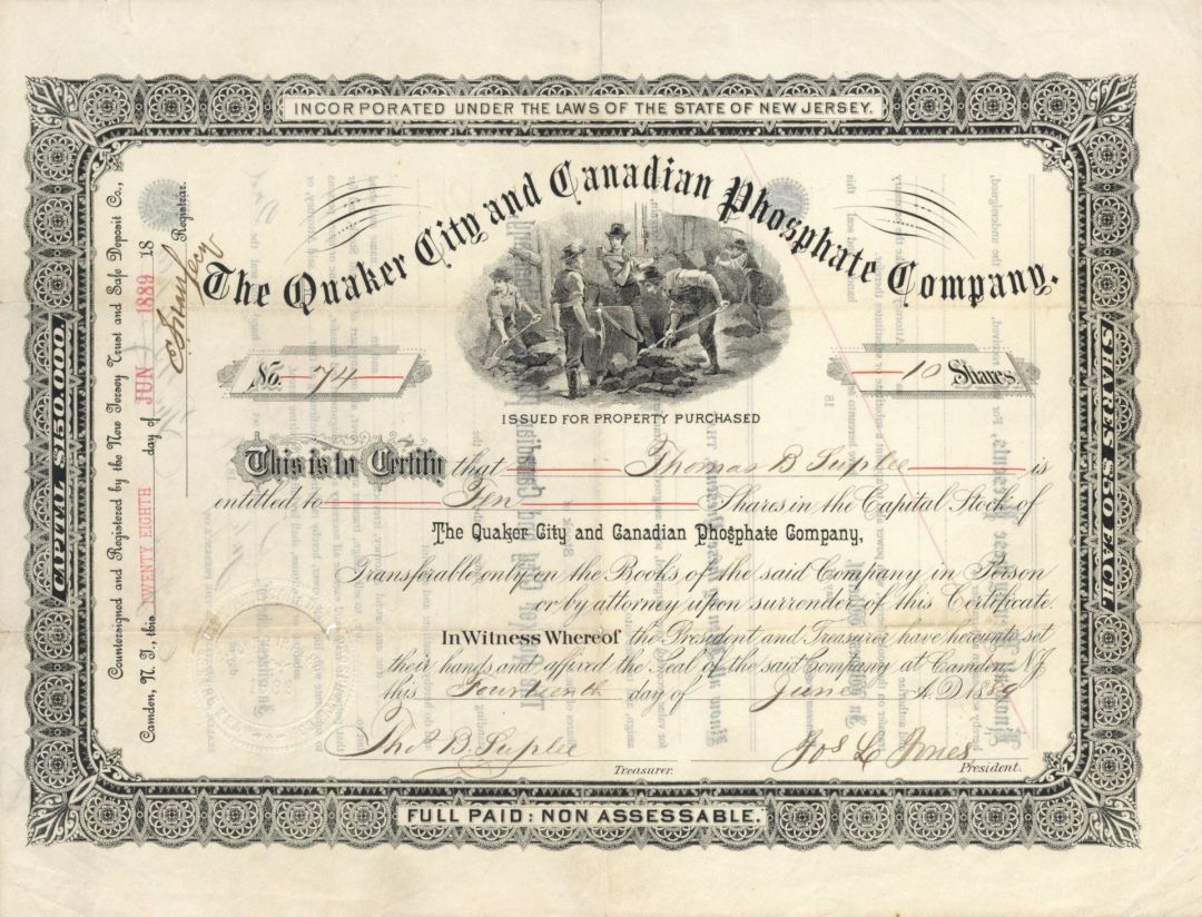 Quaker City and Canadian Phosphate Co. - 1889  dated Stock Certificate