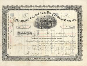 Quaker City and Canadian Phosphate Co. - 1889  dated Stock Certificate