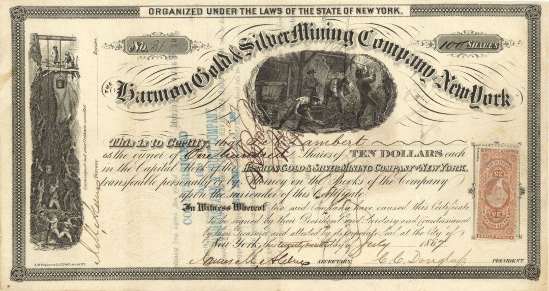 Harmon Gold and Silver Mining Company of New York - 1867  dated Stock Certificate