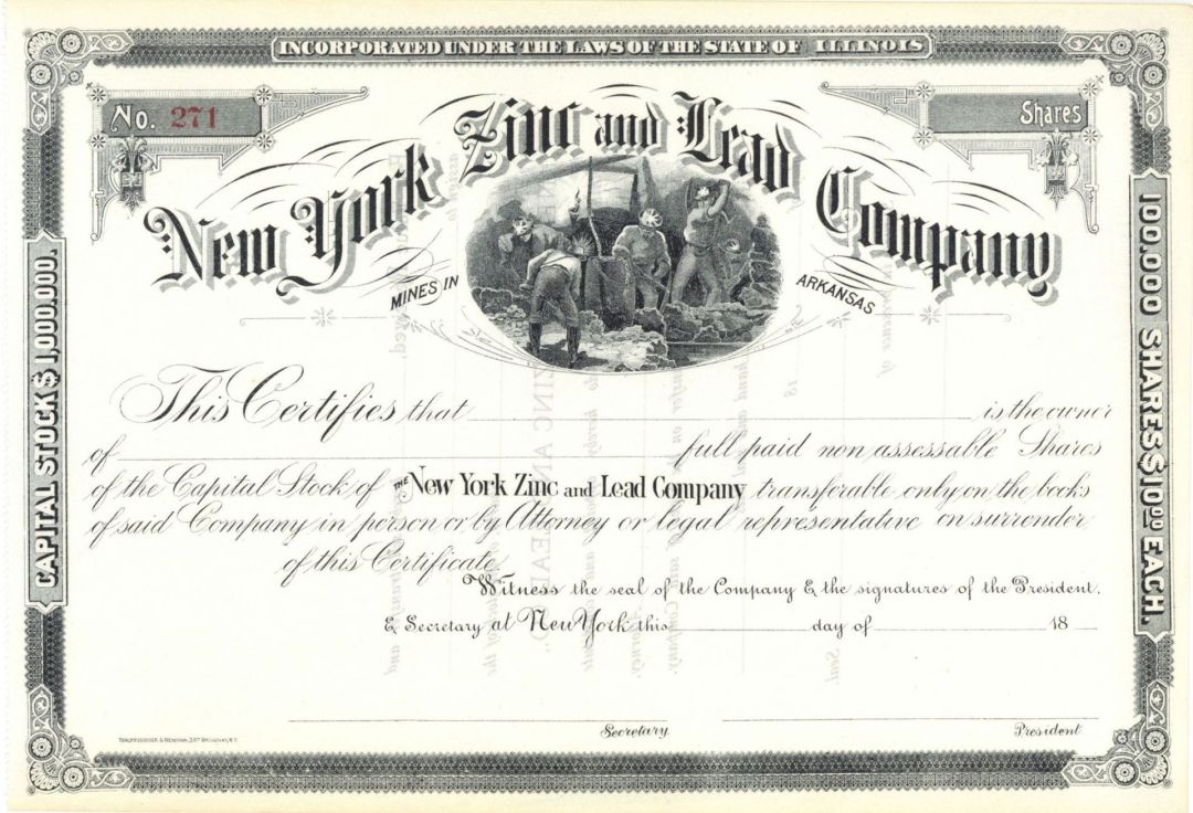 New York Zinc and Lead Co. -  Unissued Stock Certificate