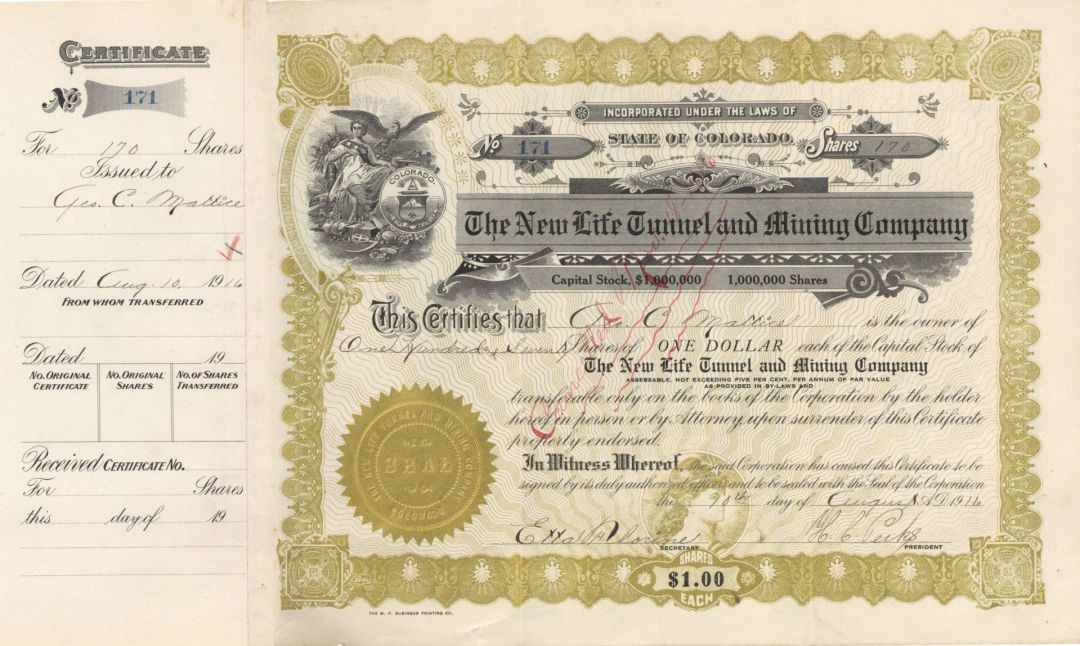 New Life Tunnel and Mining Co. - 1916 dated Stock Certificate