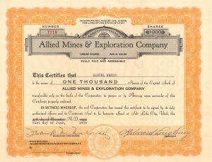 Allied Mines and Exploration Co. - 1935 dated Stock Certificate