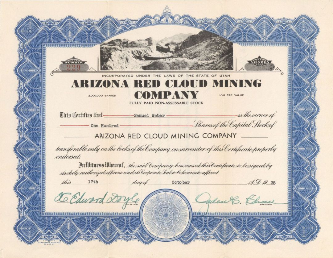 Arizona Red Cloud Mining Co. - 1938 dated Stock Certificate