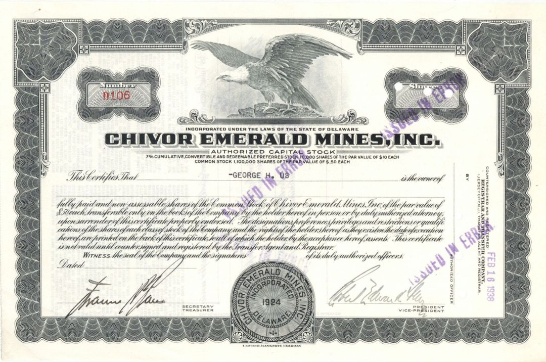 Chivor Emerald Mines. Inc. - 1938 dated Stock Certificate
