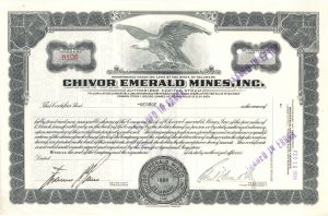 Chivor Emerald Mines. Inc. - 1938 dated Stock Certificate
