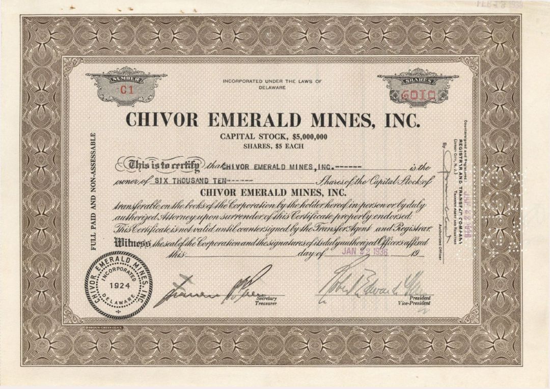 Chivor Emerald Mines. Inc. - 1936 dated Stock Certificate