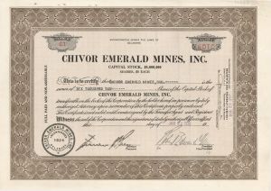 Chivor Emerald Mines. Inc. - 1936 dated Stock Certificate