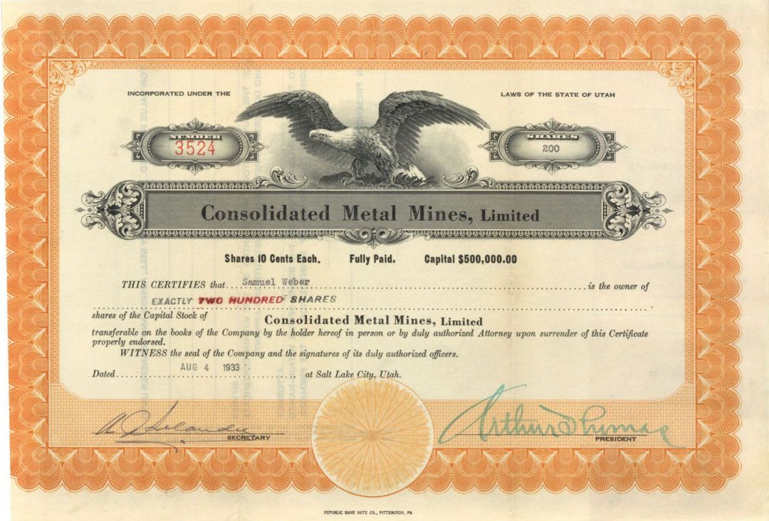 Consolidated Metal Mines. Ltd. - 1933 dated Stock Certificate