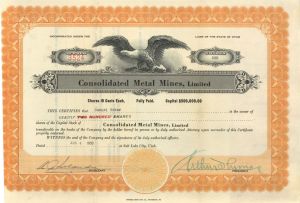 Consolidated Metal Mines. Ltd. - 1933 dated Stock Certificate