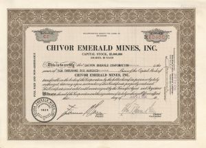 Chivor Emerald Mines. Inc. - 1936 or 1937 dated Stock Certificate