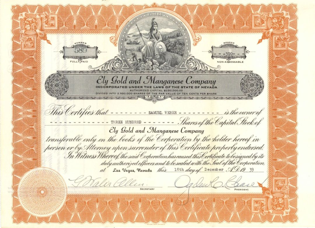 Ely Gold and Manganese Co. - 1939 dated Stock Certificate