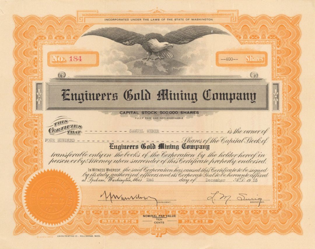 Engineers Gold Mining Co. - 1935 dated Stock Certificate