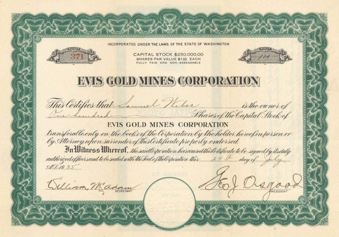 Evis Gold Mines Corp. - 1935 or 1938 dated Stock Certificate
