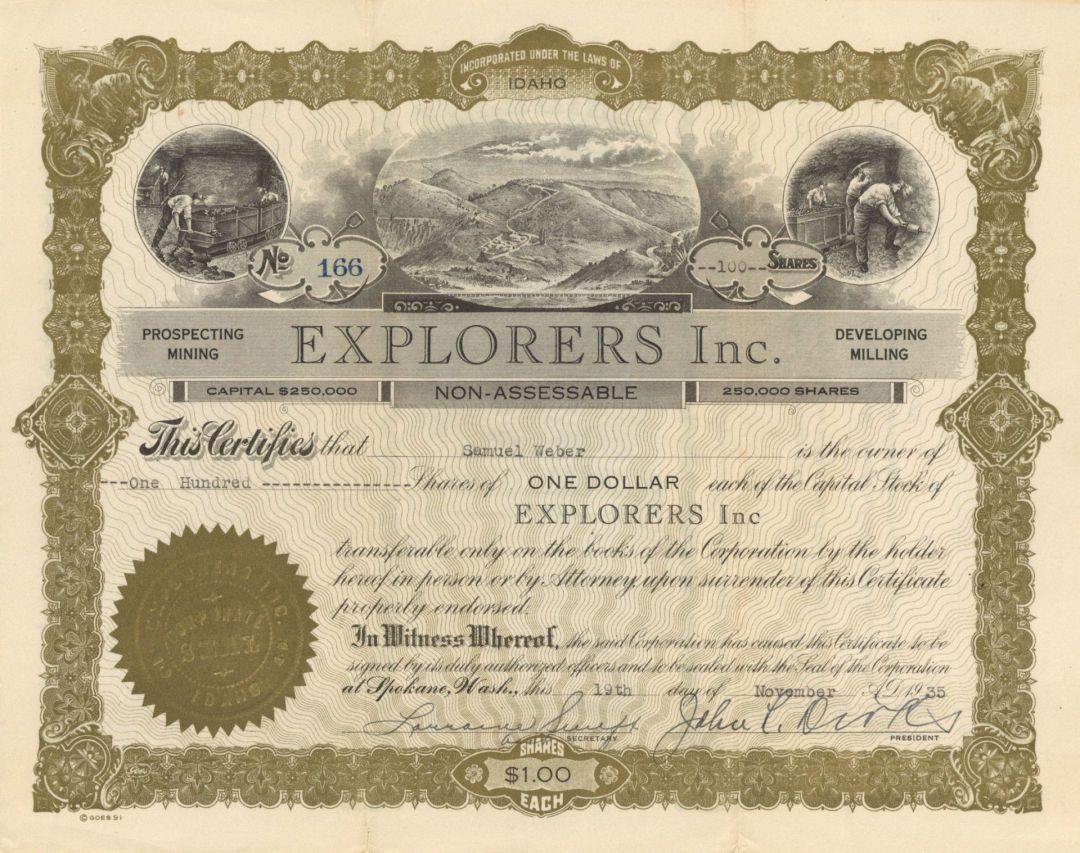 Explorers Inc. - 1935 or 1938 dated Stock Certificate