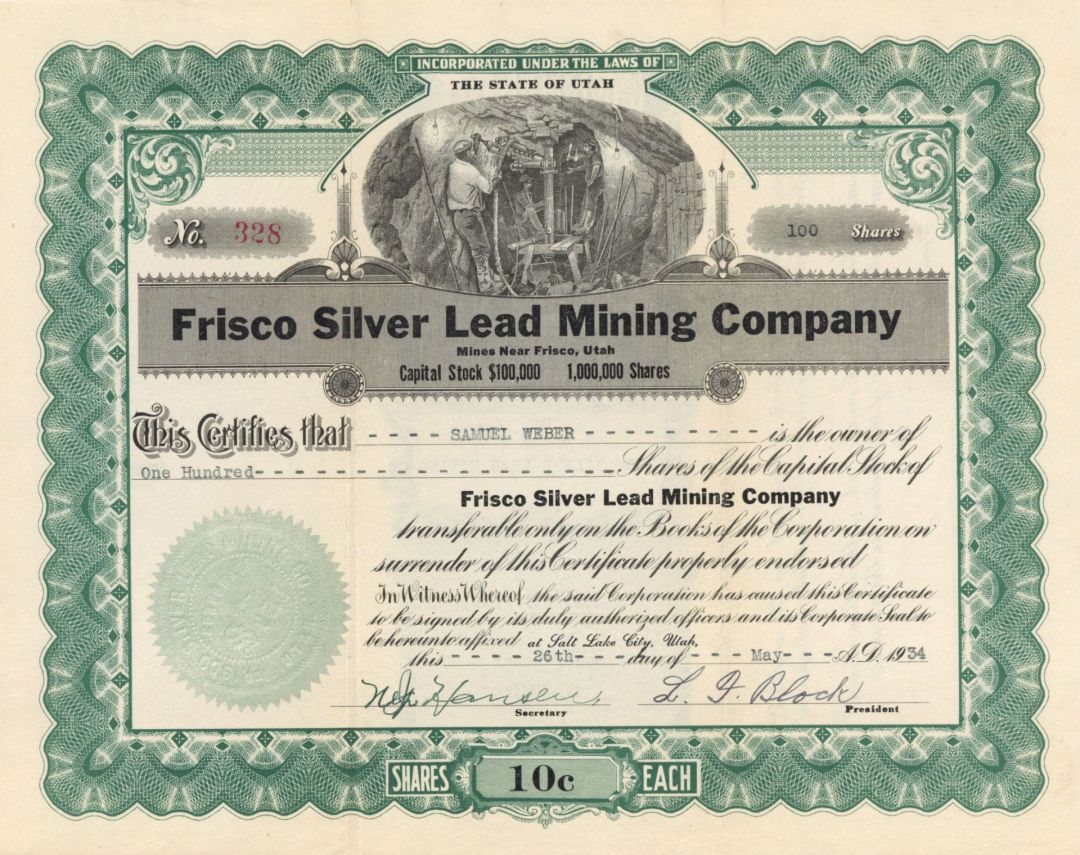 Frisco Silver Lead Mining Co. - 1934 dated Stock Certificate