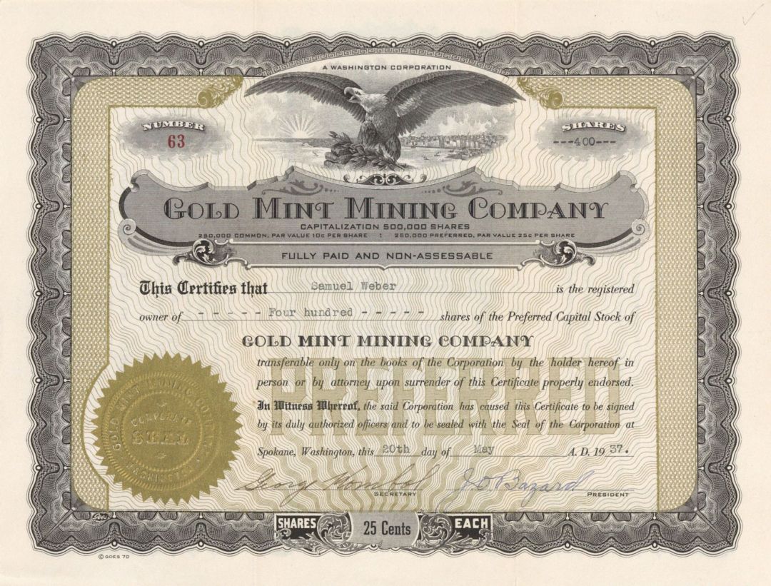Gold Mint Mining Co. - 1937 dated Stock Certificate