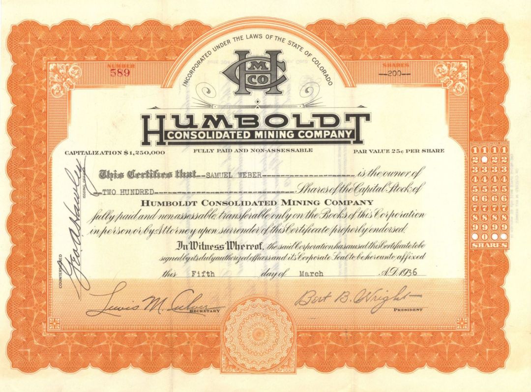 Humboldt Consolidated Mining Co. - 1936 dated Stock Certificate