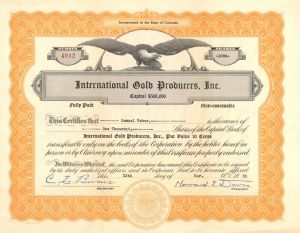International Gold Producers, Inc. - 1935-1937 dated Stock Certificate
