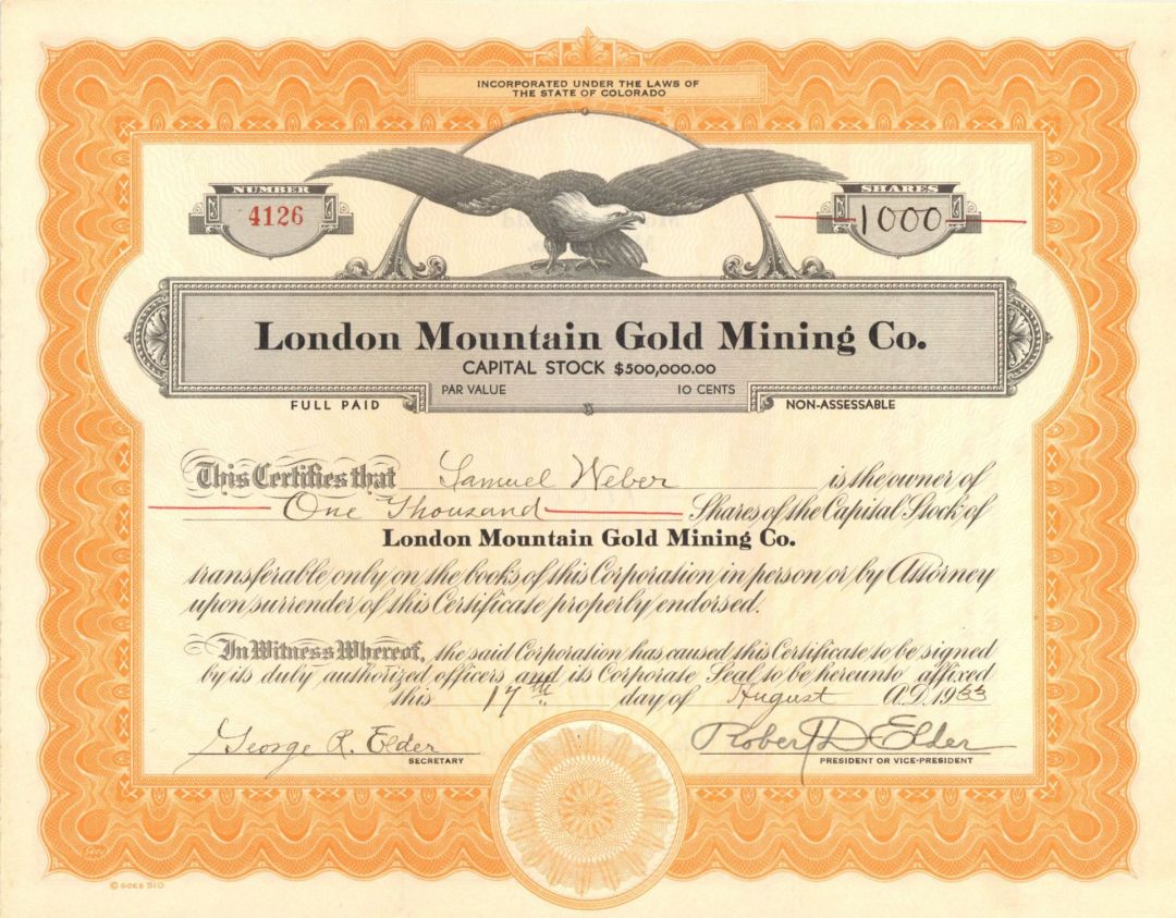 London Mountain Gold Mining Co. - 1933 dated Stock Certificate