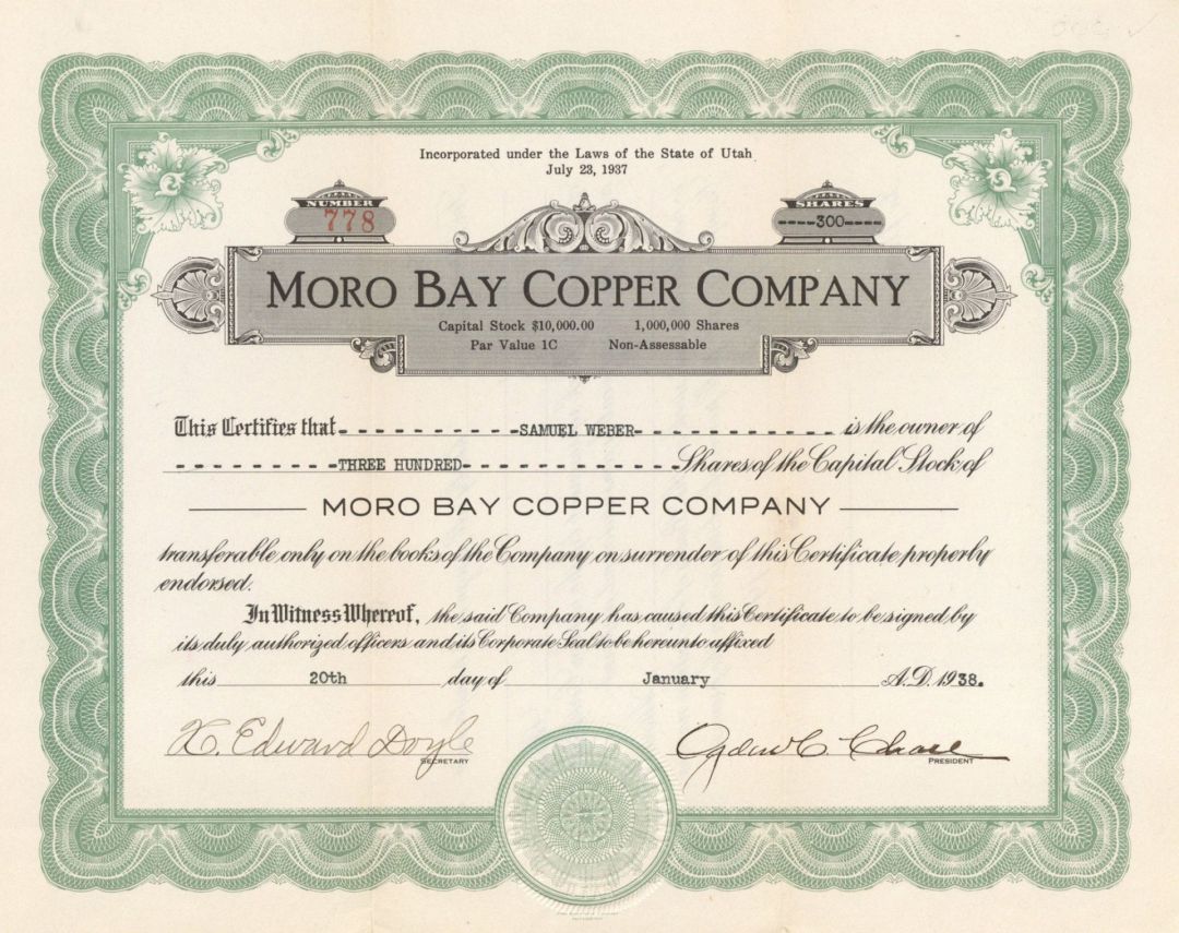 Moro Bay Copper Co. - 1938 dated Stock Certificate
