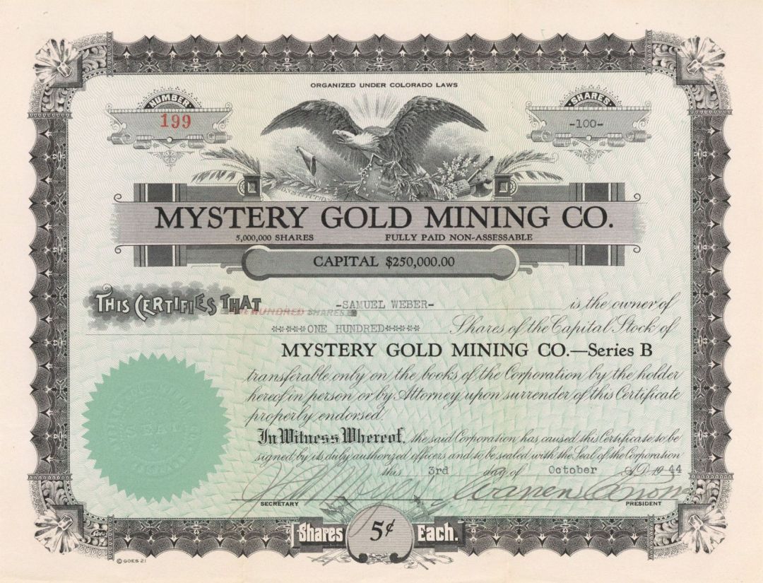 Mystery Gold Mining Co. - 1944 dated Stock Certificate