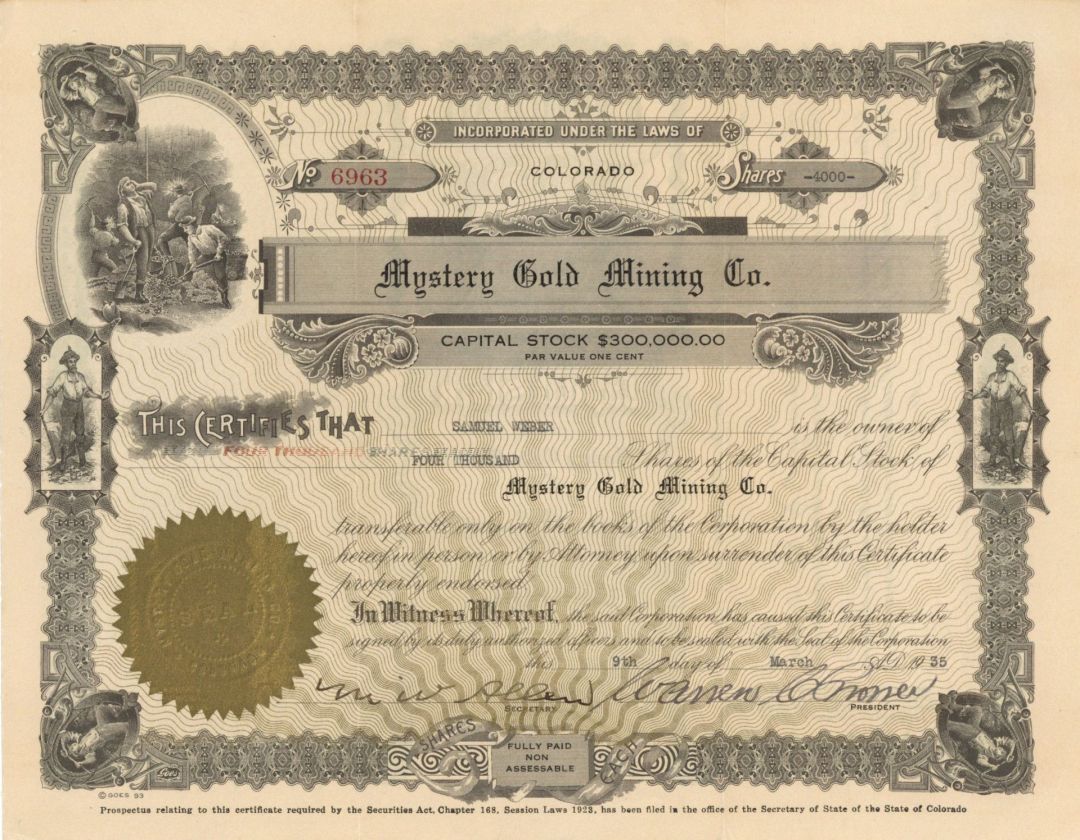 Mystery Gold Mining Co. - 1935 dated Stock Certificate